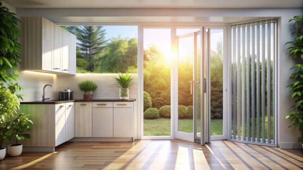 A kitchen featuring Clearview Windows & Doors, showcasing a beautiful view of a lush garden outside.